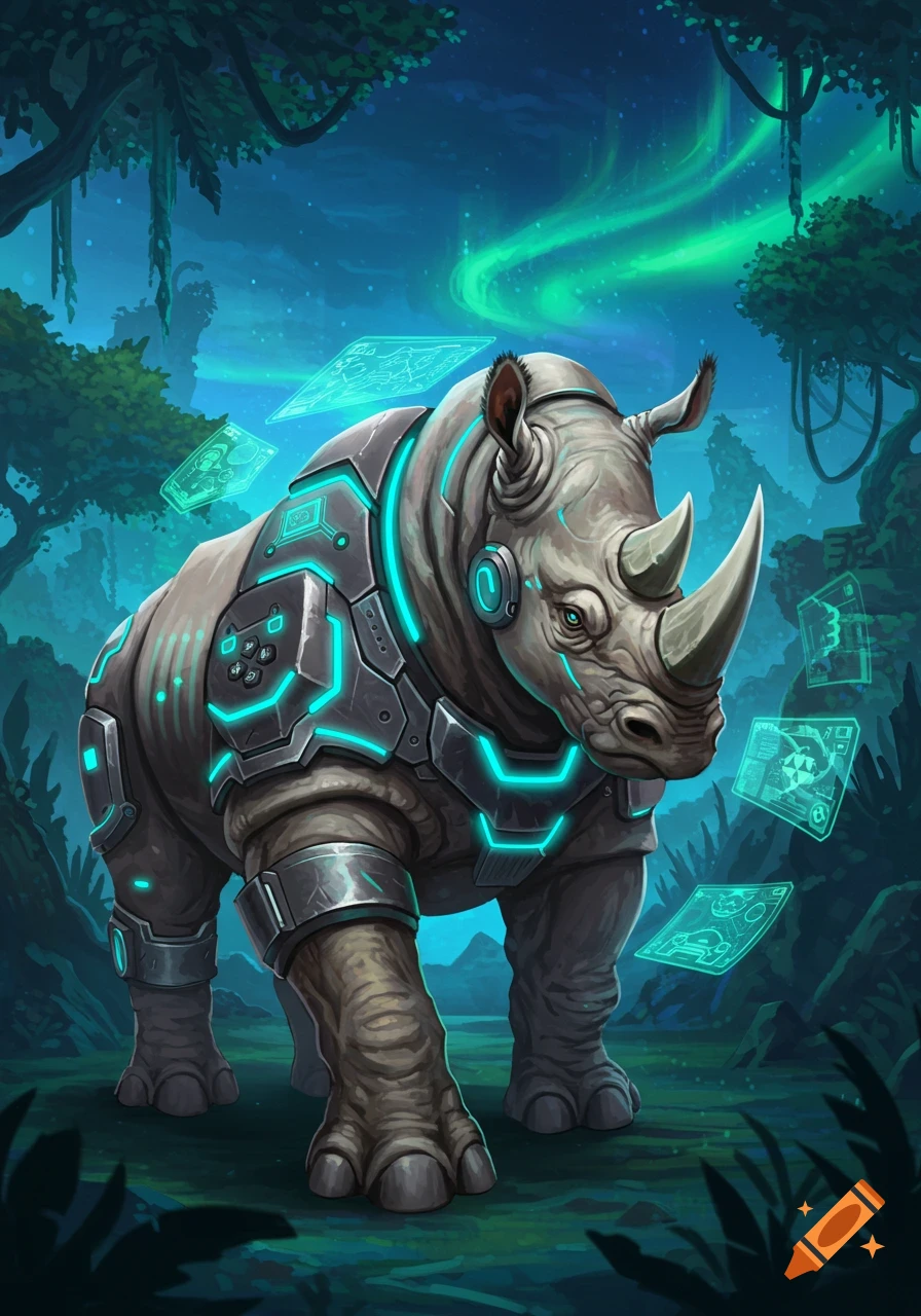 A cybernetic rhino with glowing blue armor stands in a lush jungle under an aurora-lit sky, surrounded by floating holographic screens.