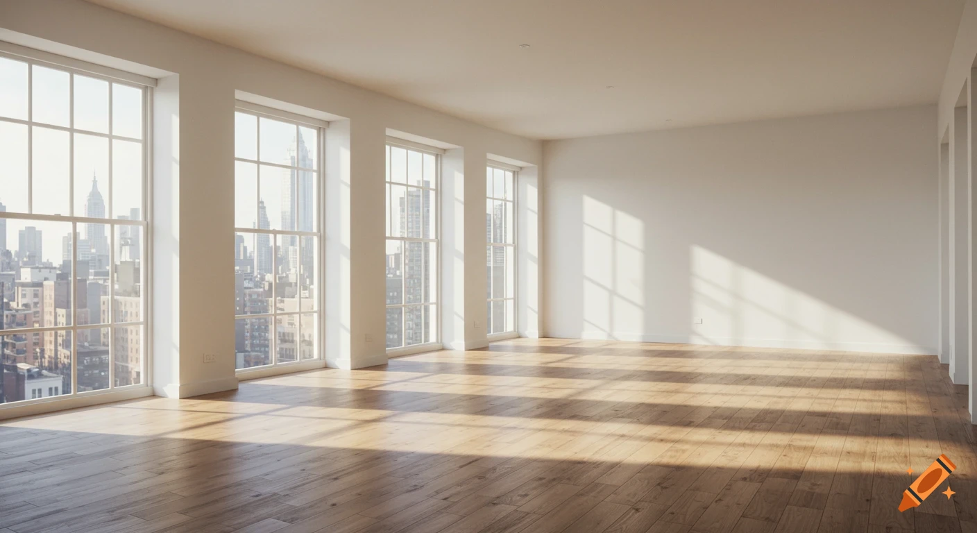 A bright, empty luxury apartment room with large windows overlooking a city, featuring hardwood floors and natural light casting shadows.