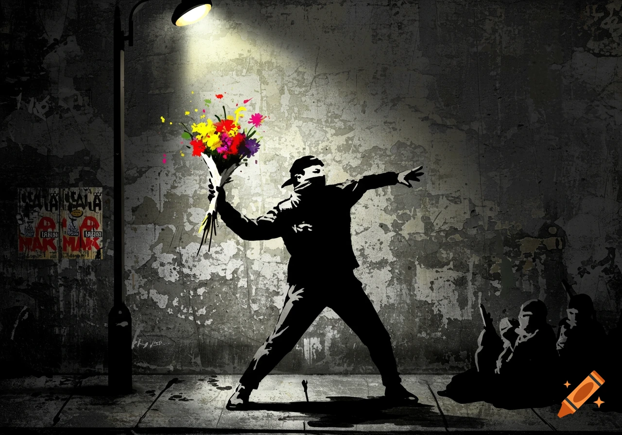 Silhouette of a protester throwing a colorful bouquet of flowers against a distressed wall under a street light, in Banksy's street art style.