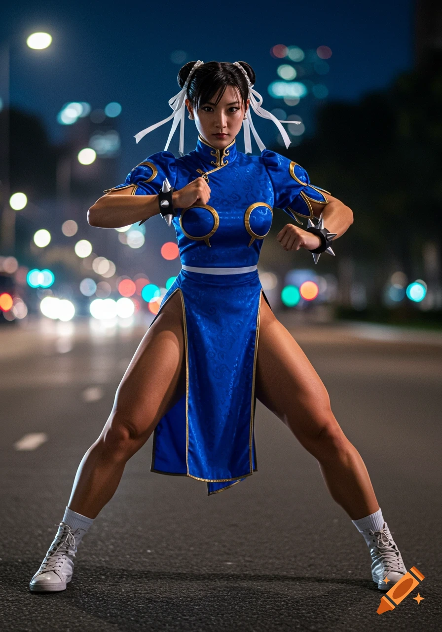 A photorealistic image of a woman dressed as Chun-Li in a blue outfit, standing in a fighting stance on a city street at night with blurred lights.