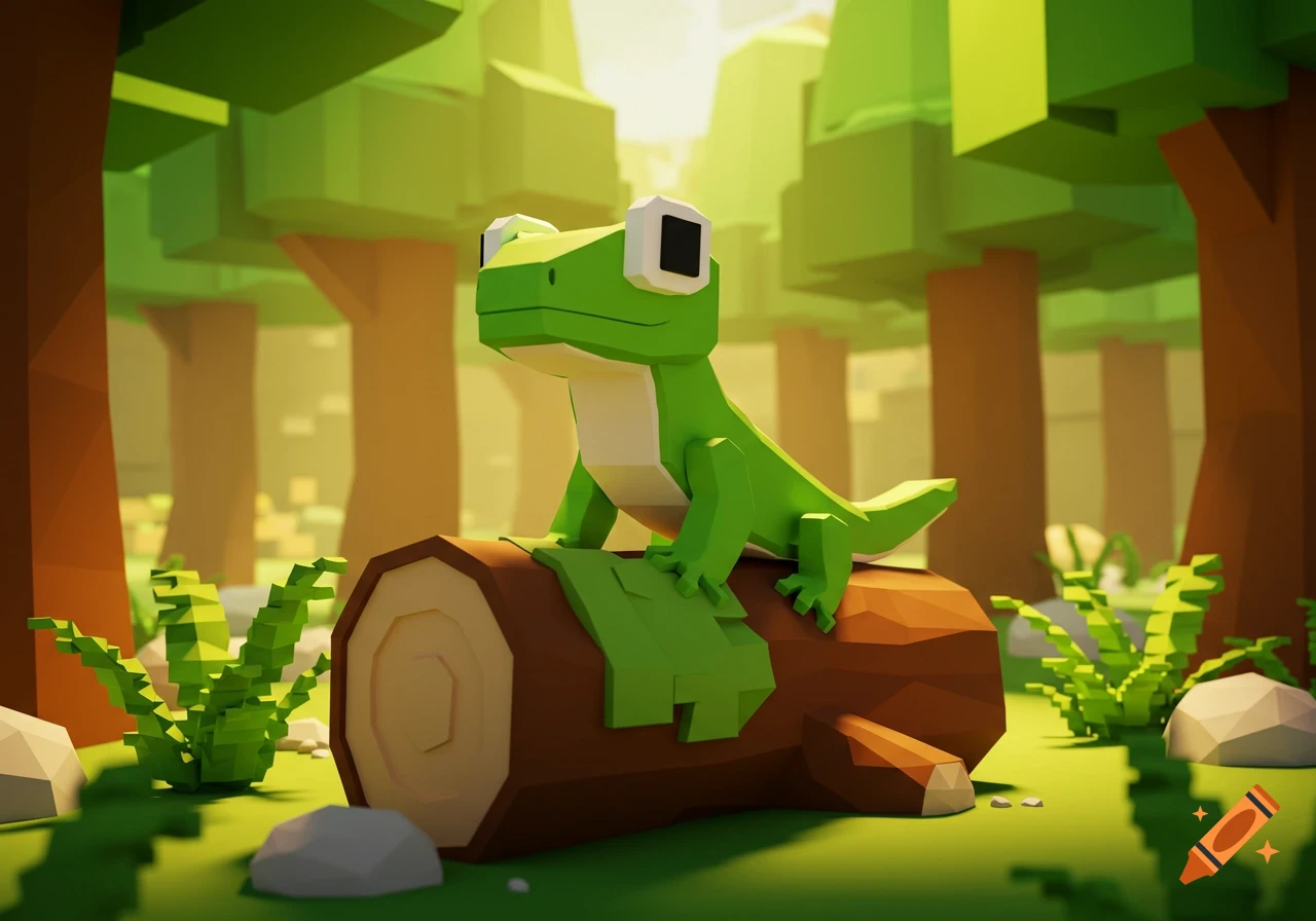 A green, low-poly lizard sits on a brown log in a blocky forest, reminiscent of Roblox graphics.