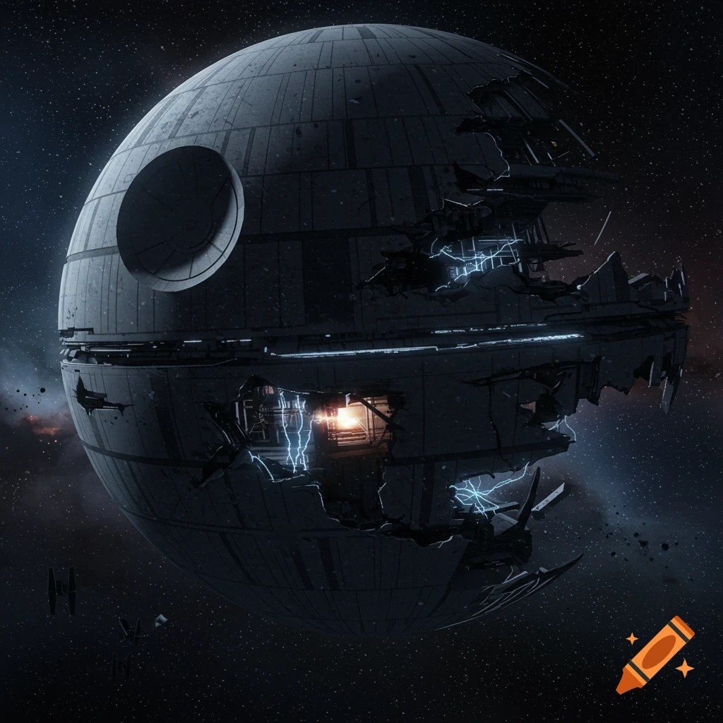 A heavily damaged, skeletal Death Star floats in space with glowing blue energy arcs and exposed interior, with tiny TIE fighters nearby.