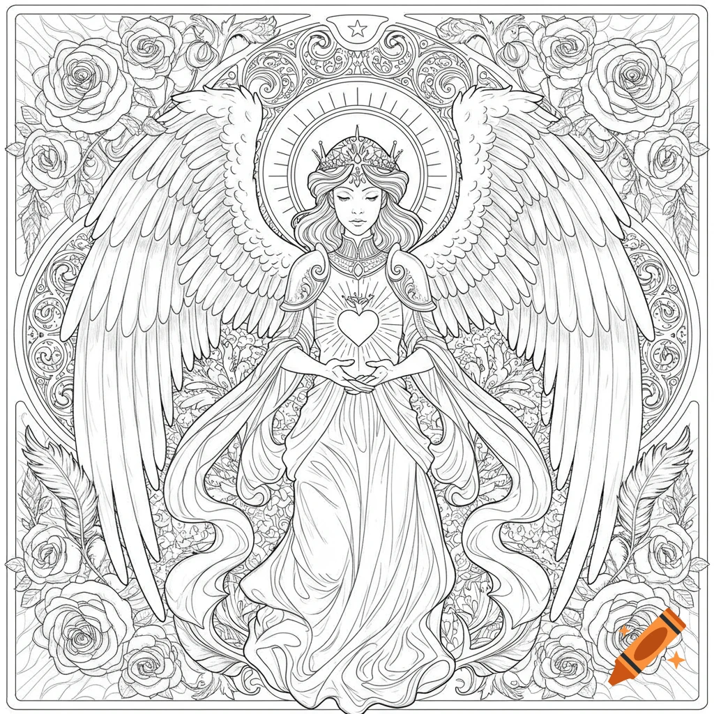 Black and white Art Nouveau coloring page of an angelic figure with large wings, a crown, and a heart, surrounded by roses and celestial patterns.