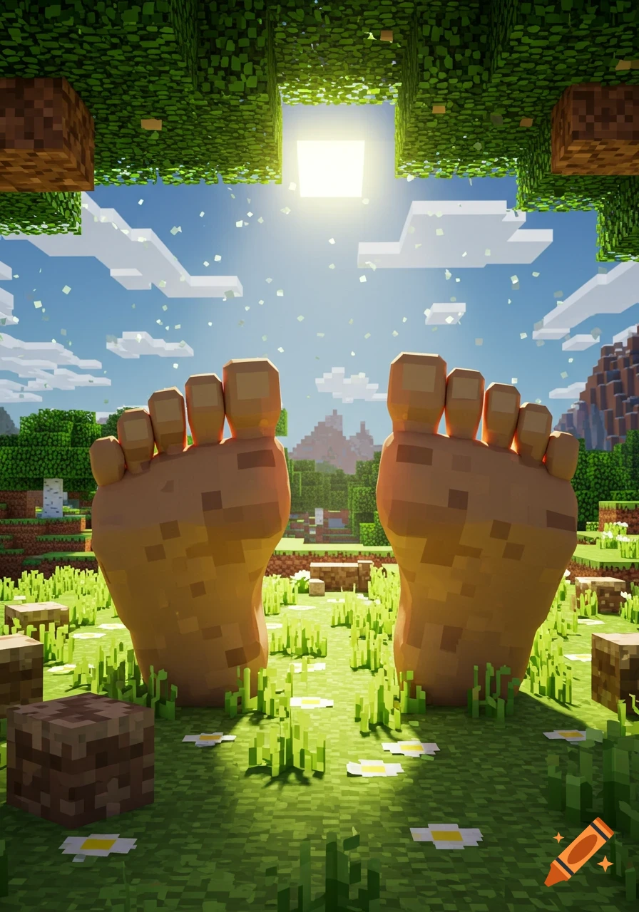 Giant pixelated feet stand in a lush, blocky Minecraft landscape with a bright sun.