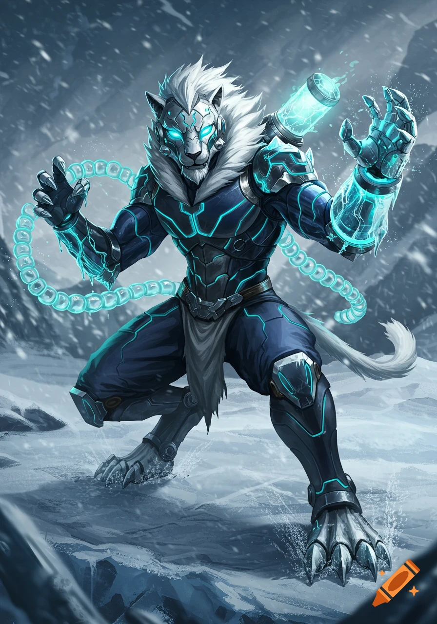 An icy biomechanical panther-like warrior with glowing cyan armor, energy gauntlets, and a cryo-core on its back, stands in a snowy landscape.