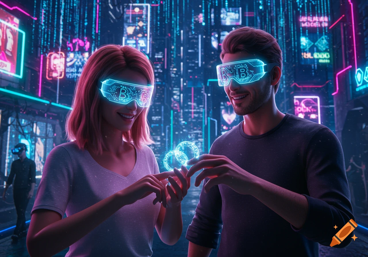 A man and woman wearing futuristic glowing VR glasses with Bitcoin symbols, exchanging digital rings in a neon-lit cyberpunk city.