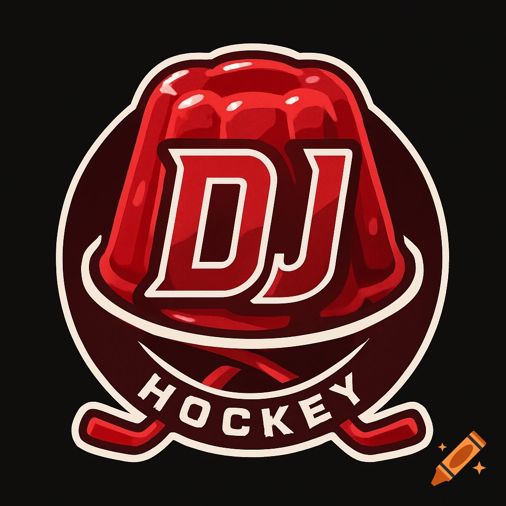 A hockey team logo featuring a red jelly-like shape with white text 'DJ' on it. Below the jelly, the word 'HOCKEY' is written, flanked by two crossed hockey sticks, all outlined in white on a solid black background.