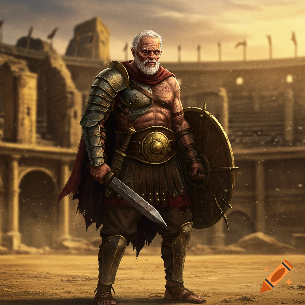 A grizzled old gladiator in worn armor stands with sword and shield in a dusty Roman arena. Digital art.