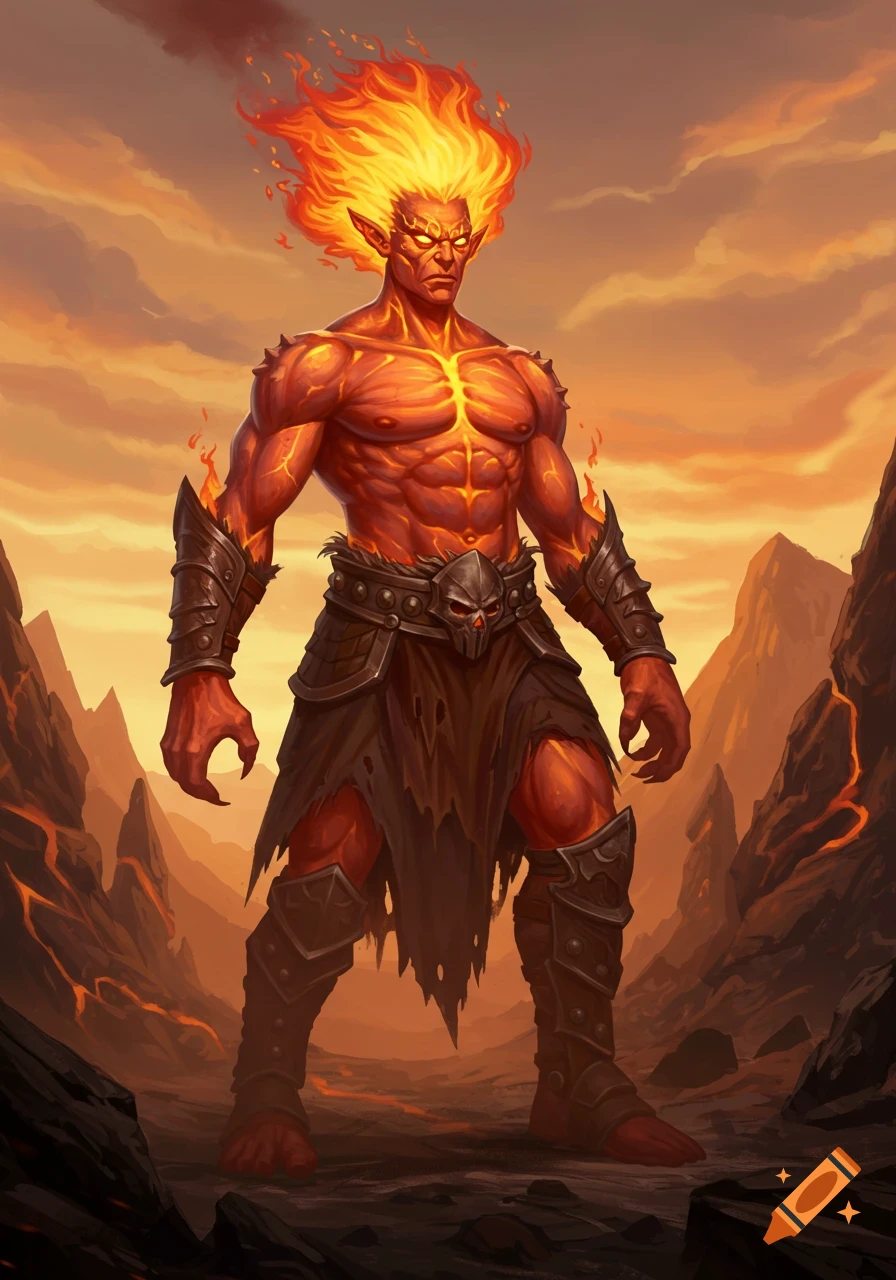 A muscular fire elemental creature with fiery hair and glowing eyes, wearing dark armor, stands in a volcanic landscape.
