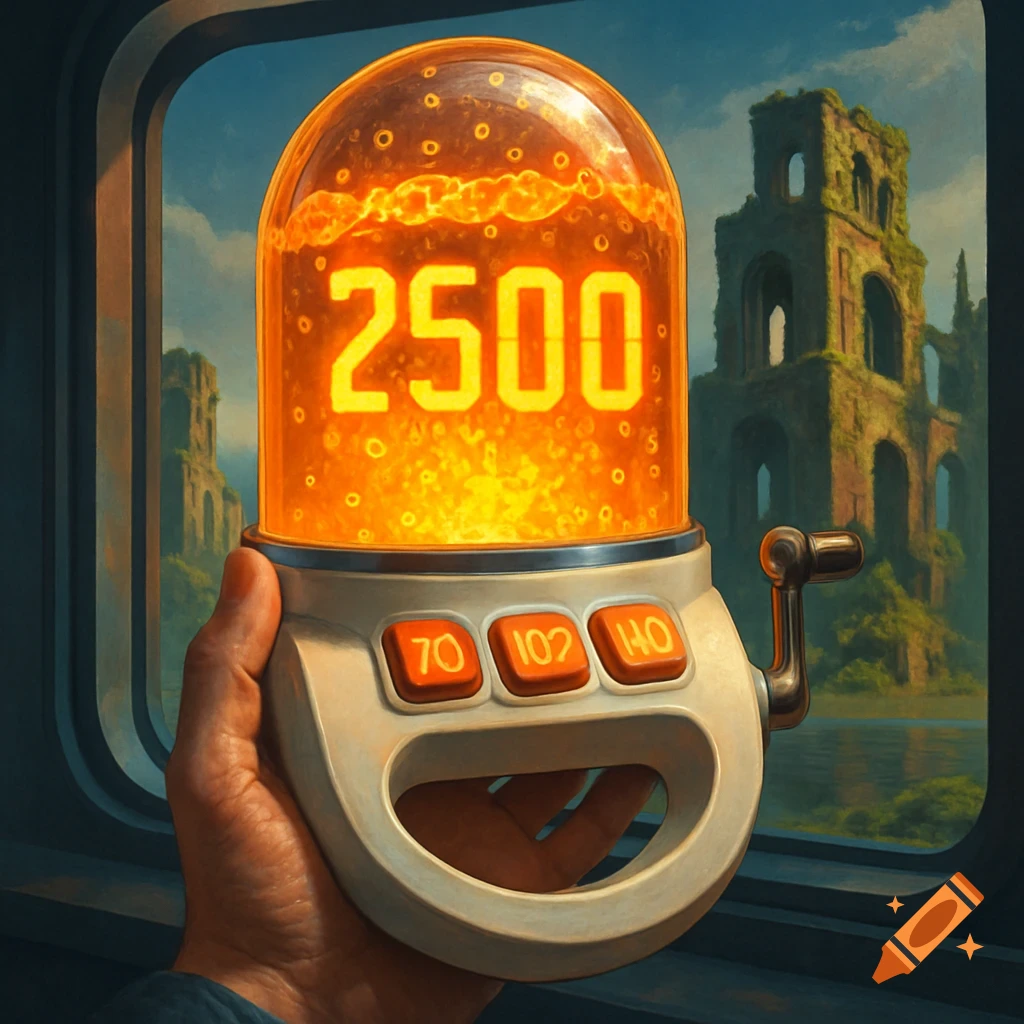 A hand holds a futuristic orange time machine with '2500' displayed in a glowing dome, against a background of ancient ruins and a flooded landscape.