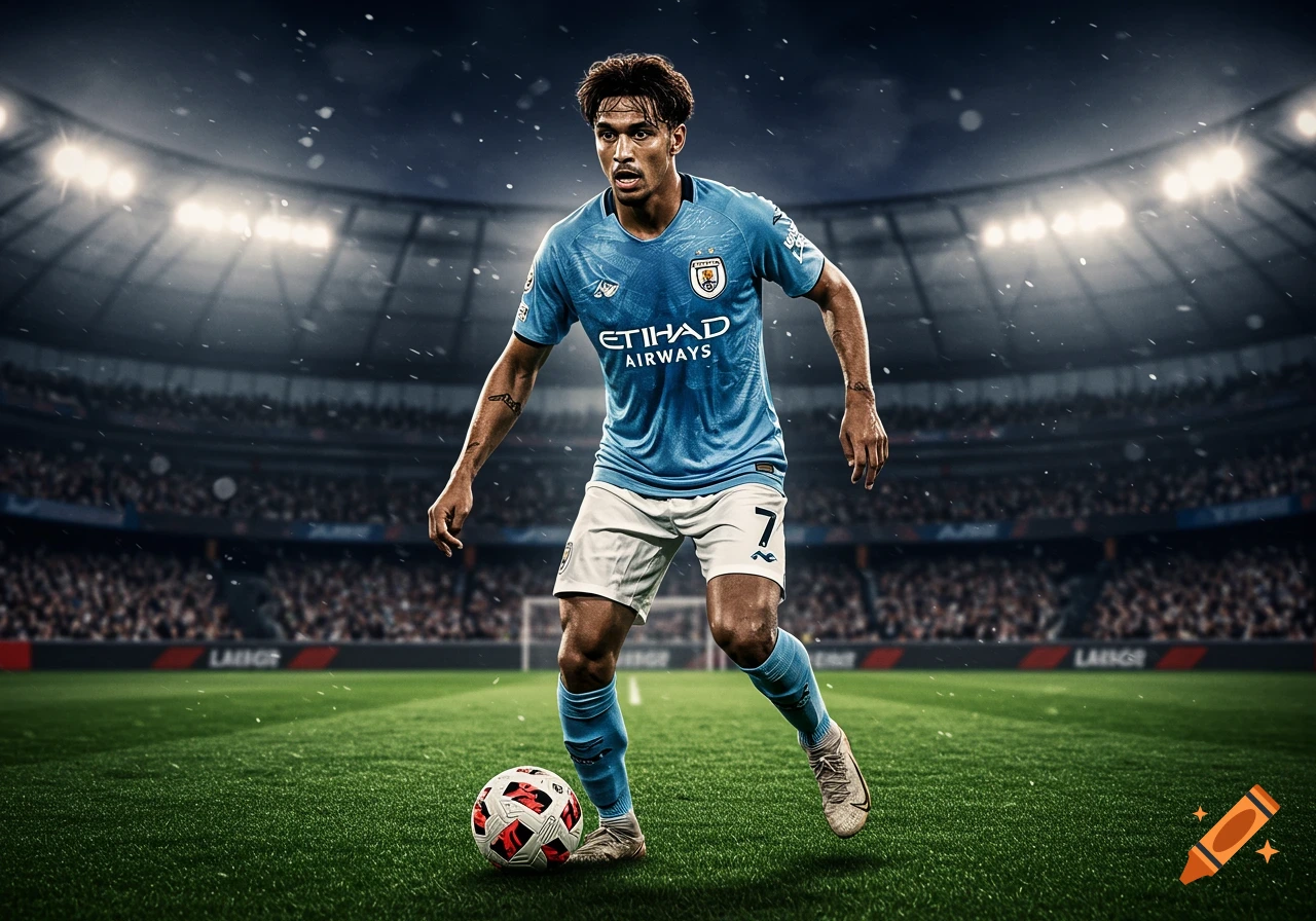 Photorealistic soccer player in a light blue jersey with a ball on a stadium field.