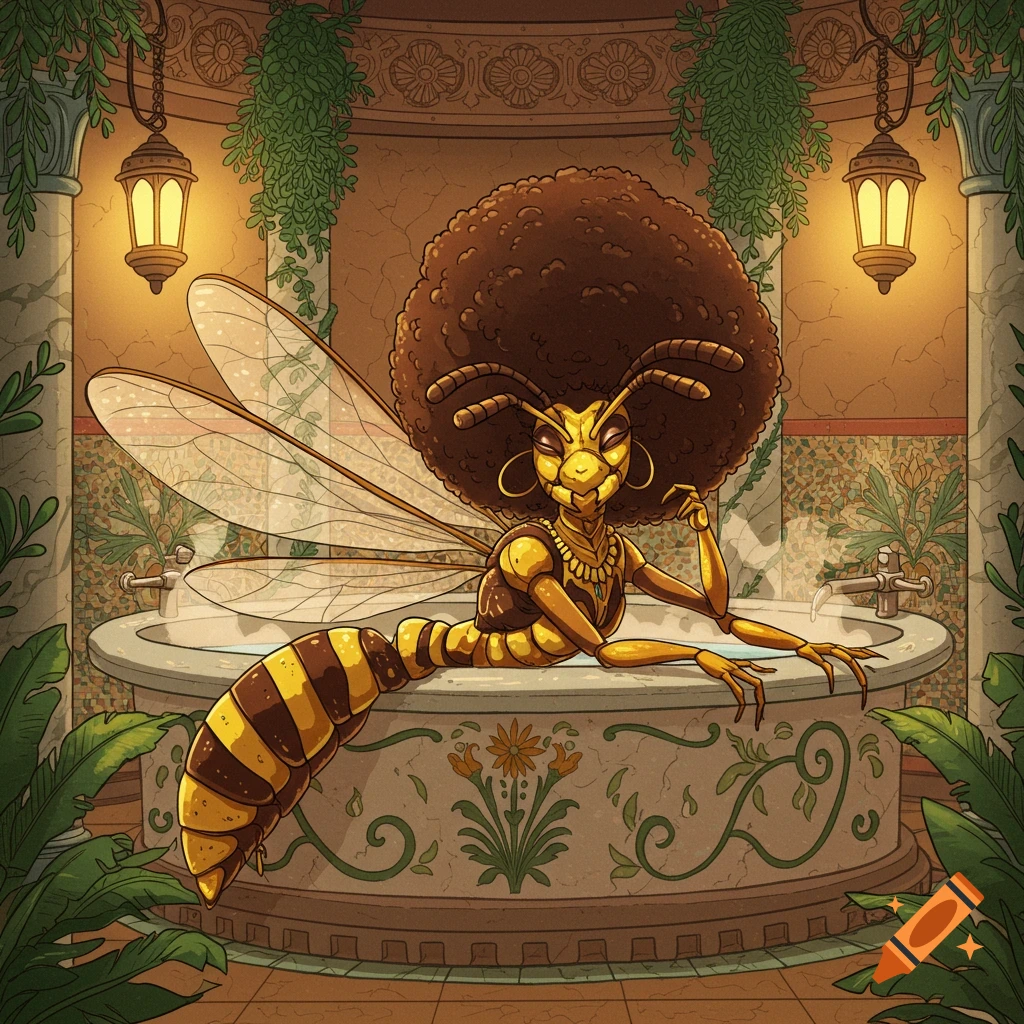 An anthropomorphic wasp queen with a massive afro relaxes in an ornate bathhouse in a 2D artstyle.