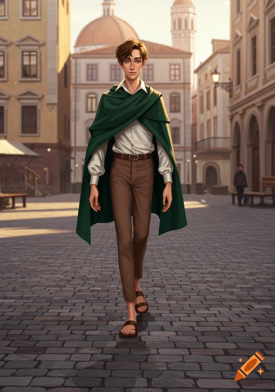 An illustrated man with a green cape and brown pants walks on a cobblestone street in a European-style town.