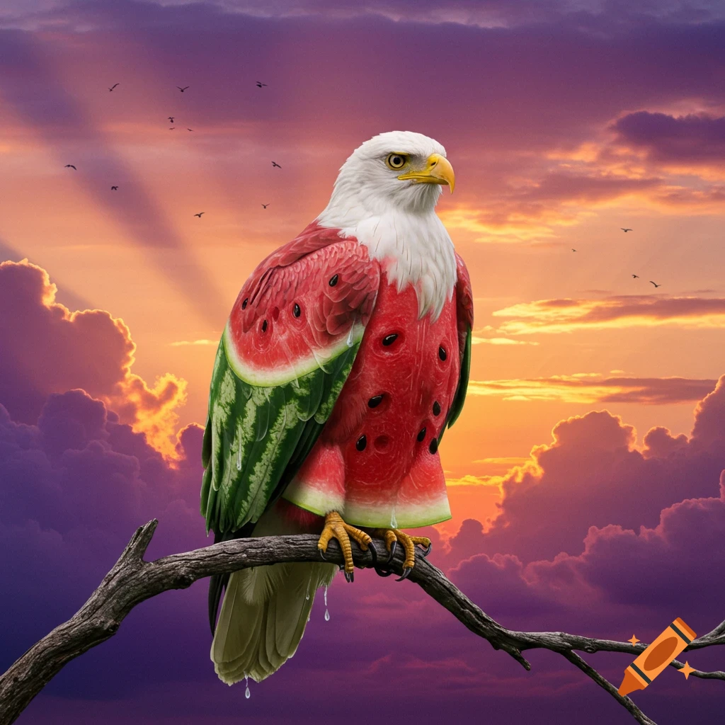 A photorealistic bald eagle with a body resembling a sliced watermelon, complete with red flesh and seeds, perched on a branch against a vibrant sunset sky.