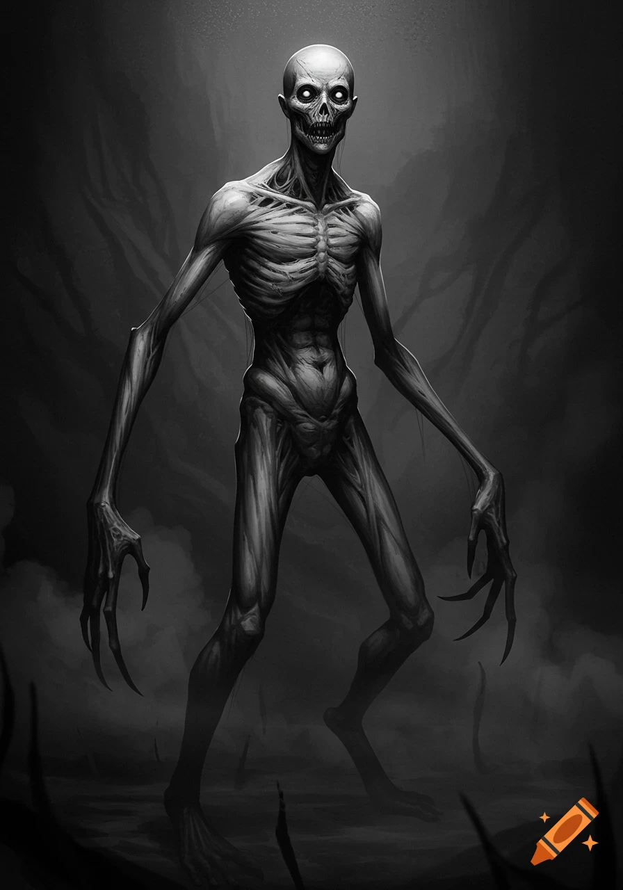 A black and white digital painting of a gaunt, skeletal horror monster with glowing eyes, long limbs, and sharp claws, standing in a dark, misty environment.