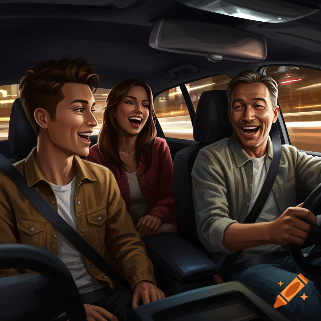 Three people, two men and one woman, laughing inside a car at night, with blurred city lights outside.