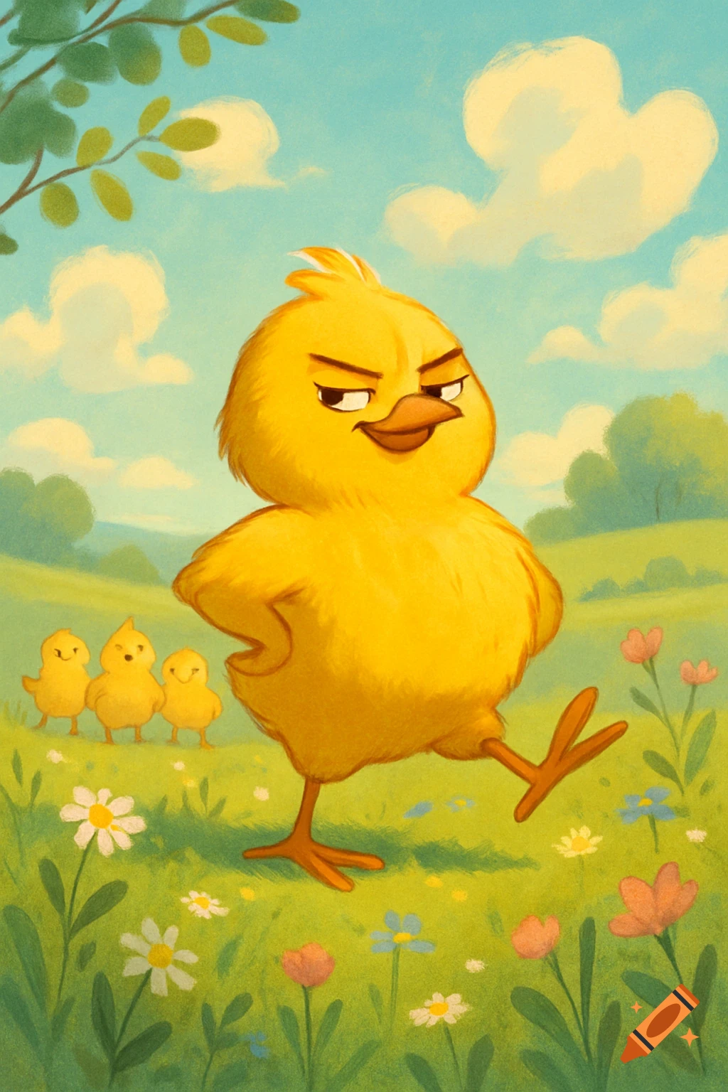 A large, grumpy-looking yellow chick with its hand on its hip strides across a grassy field with flowers, while three smaller, smiling chicks follow behind it. The sky is blue with fluffy white clouds, and there are trees in the background, in a whimsical illustration style.