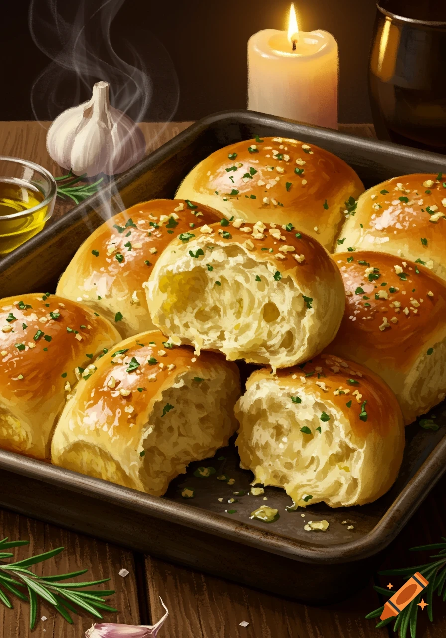 Golden brown garlic rolls in a baking pan, with garlic, rosemary, and olive oil on a wooden table beside a lit candle. Digital illustration.