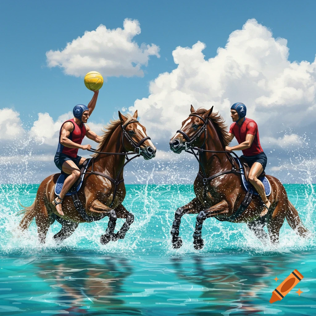 Two men on horses playing water polo in a vibrant blue ocean under a partly cloudy sky, with water splashing around them.