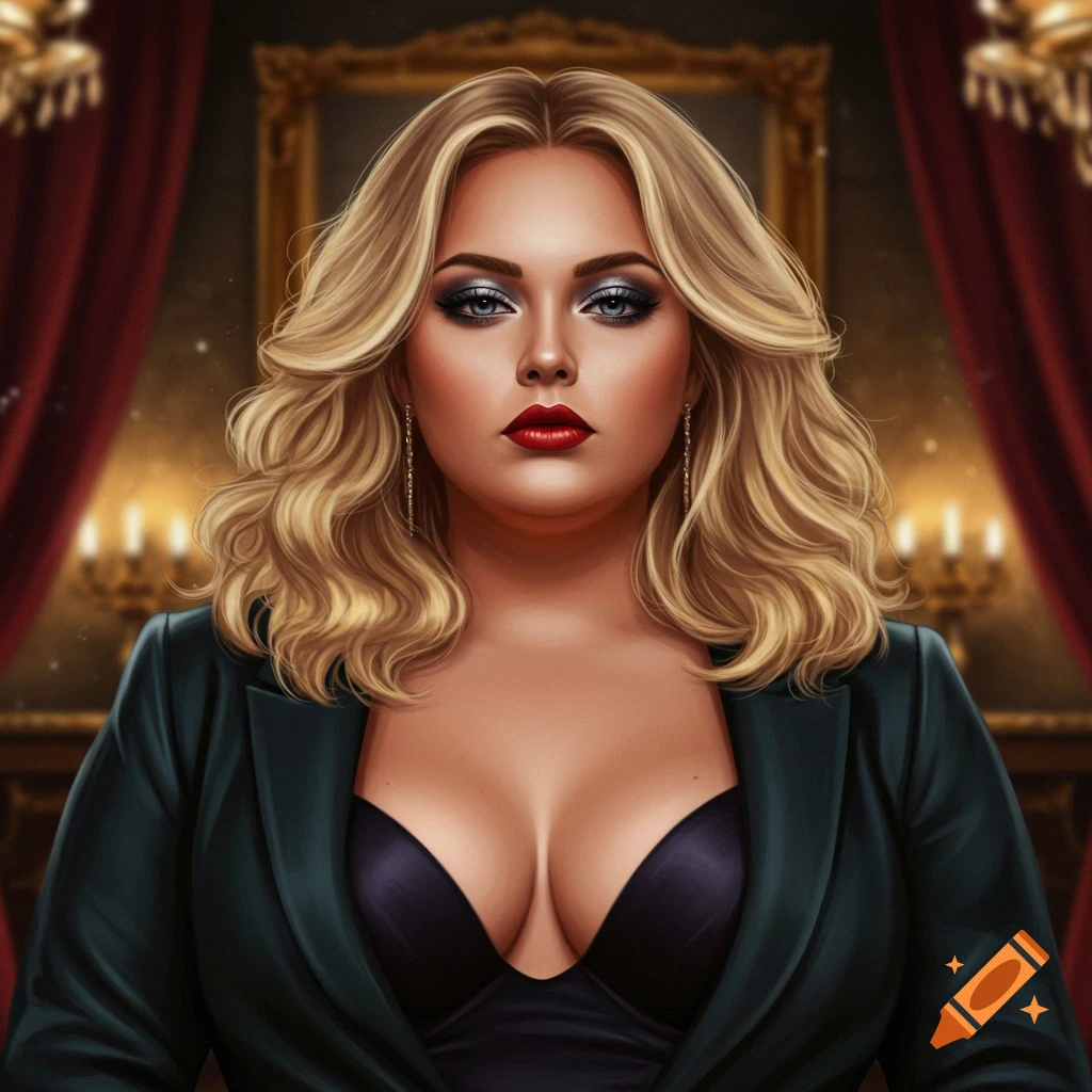 A digital painting of a woman with blonde curly hair, heavy makeup, red lipstick, wearing a black bra and jacket, against an opulent, dark background.