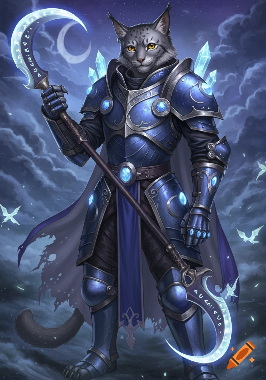 A gray Lykoi cat-like paladin in blue and silver ornate armor holds a glowing crescent glaive under a moonlit sky. Digital art.