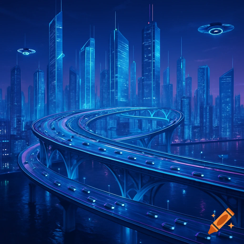 A futuristic blue neon city at night with towering skyscrapers, multi-level highways, glowing cars, and flying saucers in the sky.