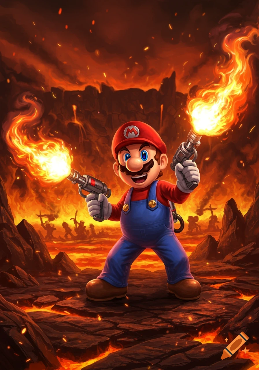 Mario holding two flamethrowers in a fiery, lava-filled landscape, digital art.