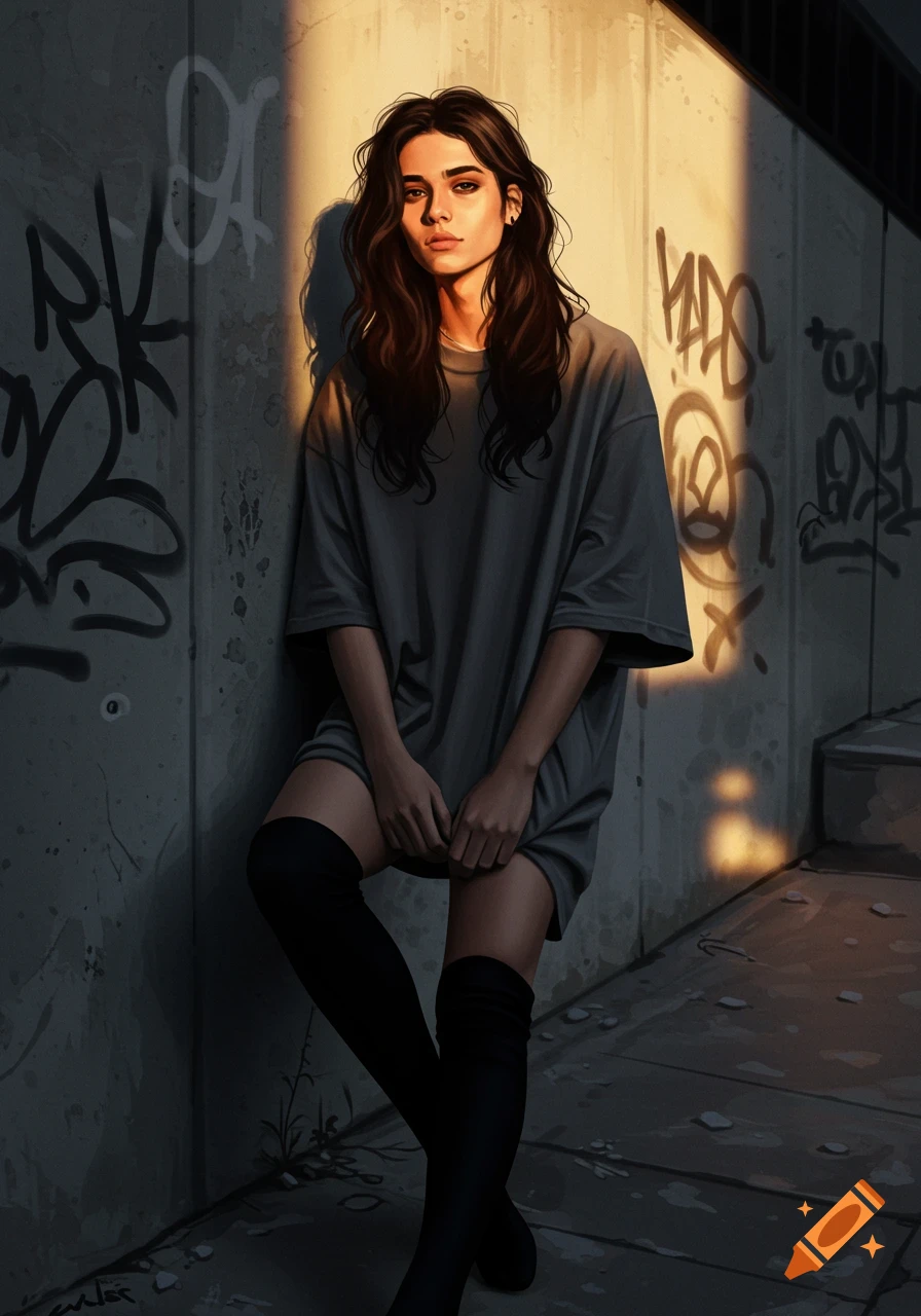 A young woman with long dark hair, wearing an oversized grey t-shirt and knee-high black socks, leans against a graffiti-covered wall in a digital art style.