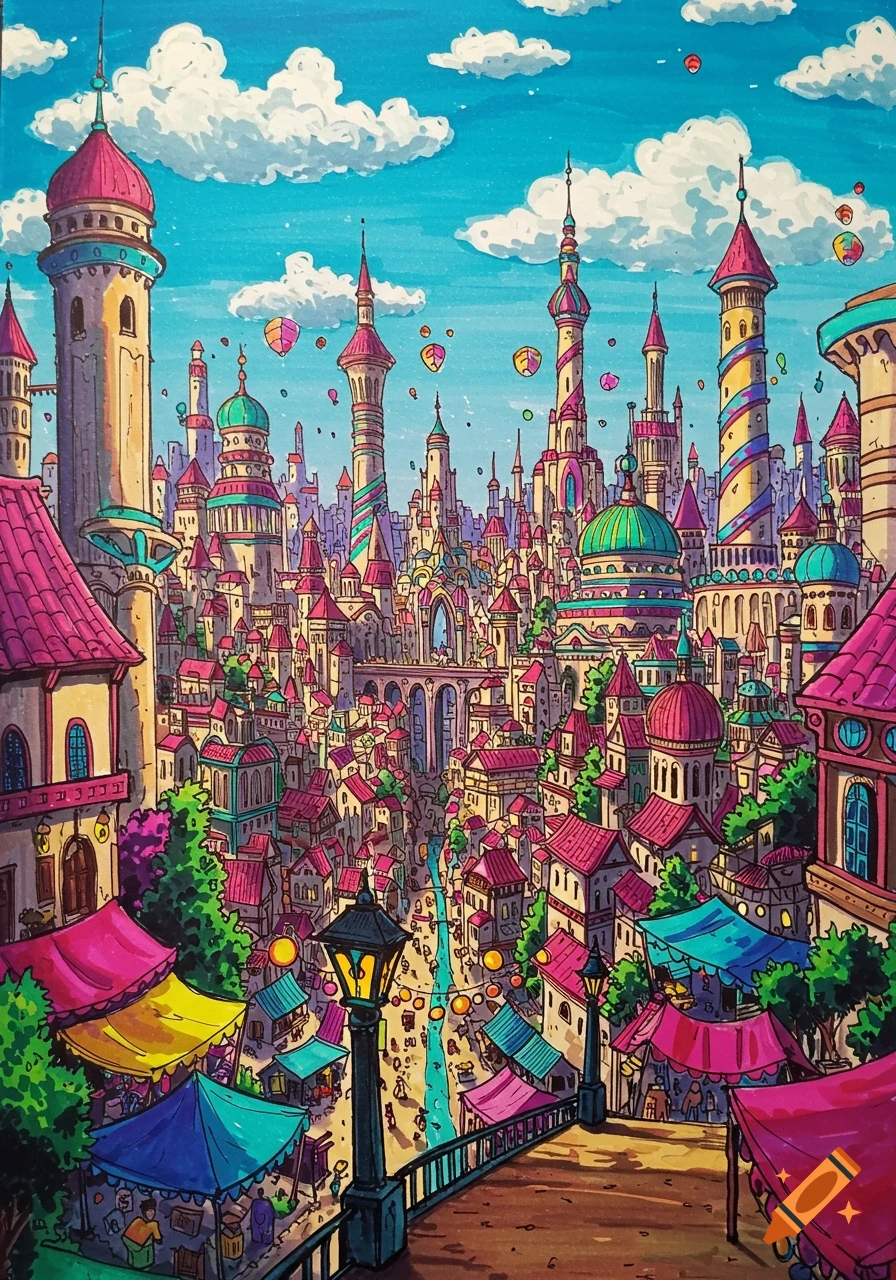 A vibrant, colorful fantasy city with whimsical architecture and a bustling marketplace, rendered in a marker art style.