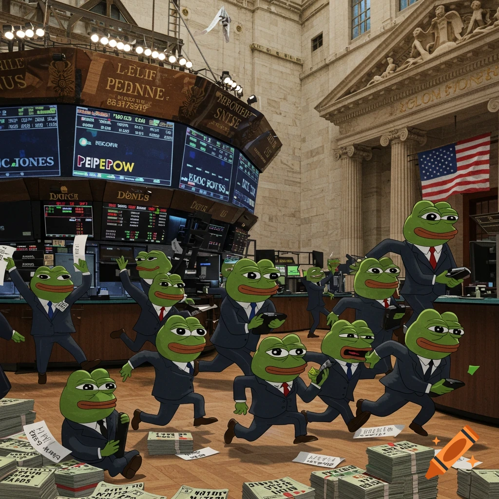 Cartoon image of multiple Pepe the Frog characters in business suits rushing across a New York Stock Exchange trading floor filled with money stacks, under large screens displaying stock information and the word "PEPEPOW."