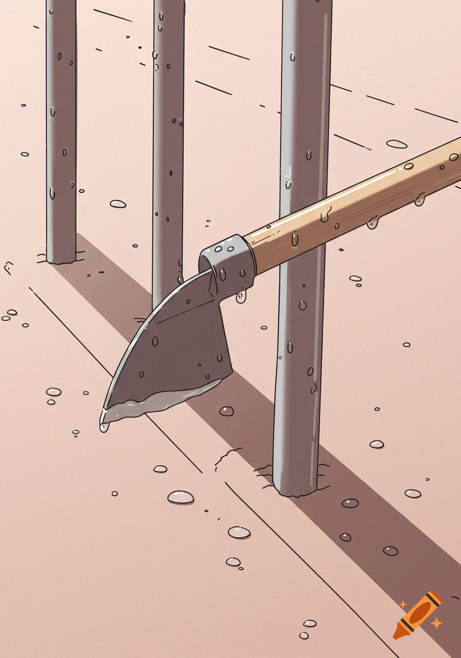 A metal hoe with a wooden handle rests against a grey pole, surrounded by other poles and water droplets on a light pink surface, in a 2D cartoon style.