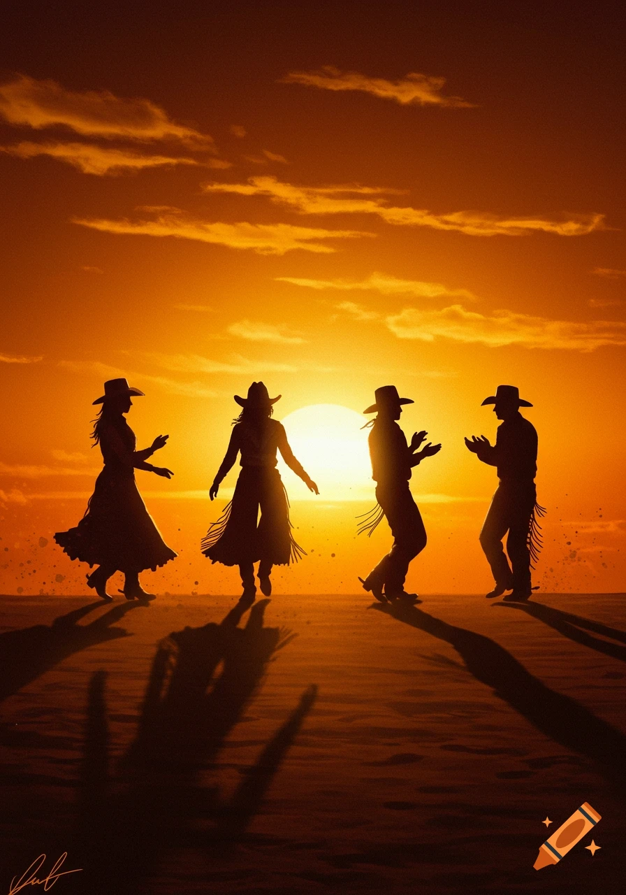 Silhouettes of four cowboys and cowgirls line dancing against a vibrant orange sunset.