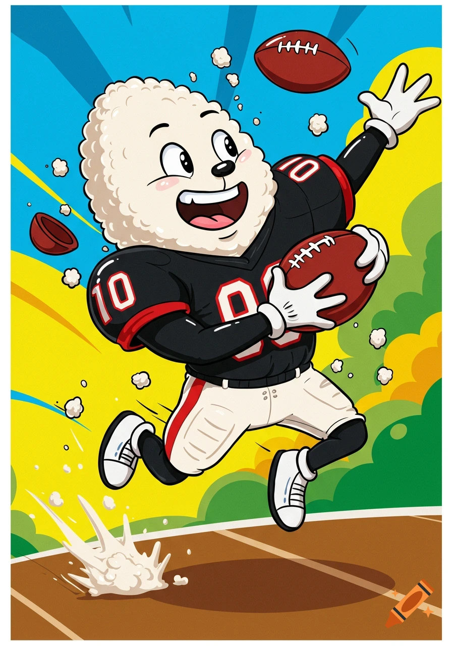 A cartoon character resembling a rice bubble with a happy expression plays football in a black and red uniform, holding one football and another in the air.