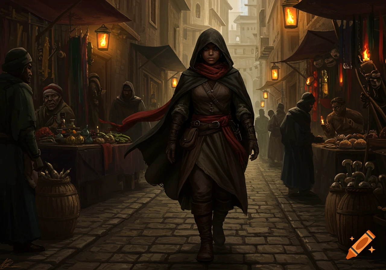 A brown-skinned rogue in a dark cloak walks through a bustling fantasy market street at night, lit by lanterns.