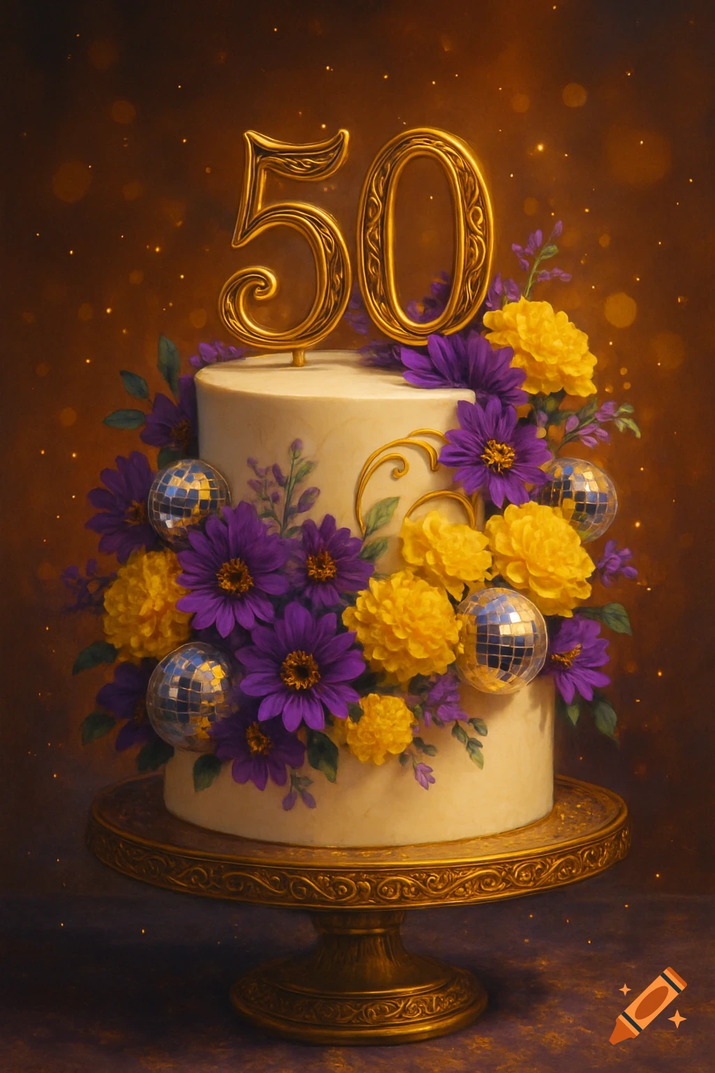 A beautifully decorated 50th birthday cake with gold numbers, purple daisies, yellow carnations, and mini disco balls.