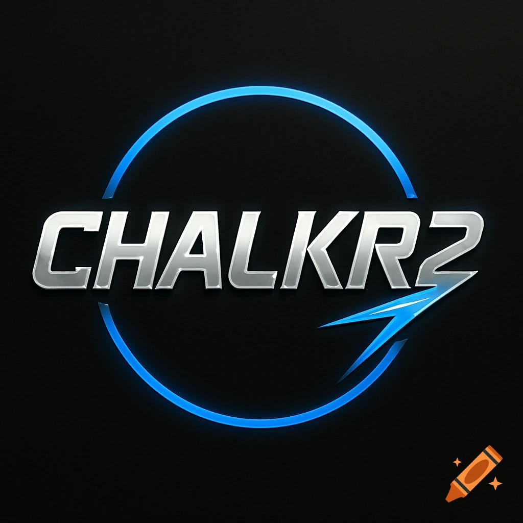 A sleek silver logo with the text 'CHALKR2' inside a glowing blue circle and an arrow, on a black background.