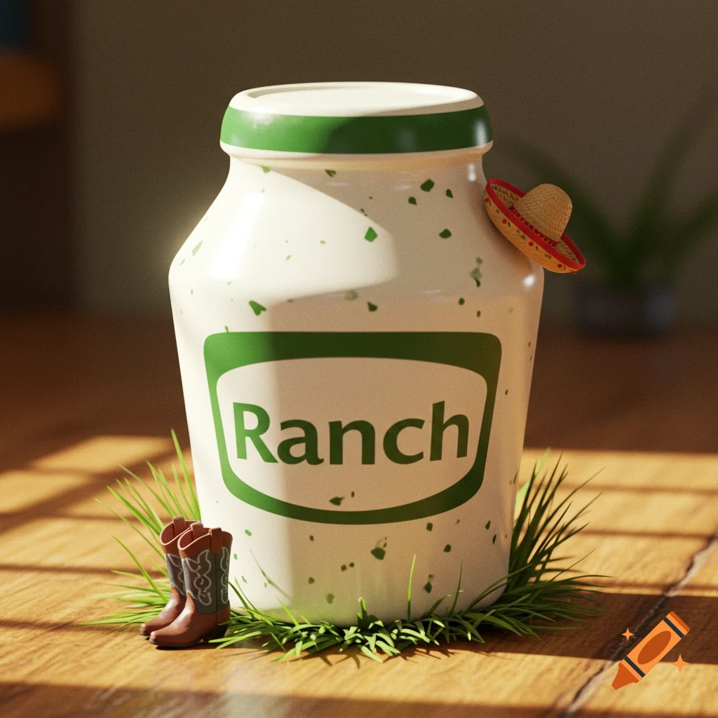 A stylized jar of Ranch dressing with a sombrero on its side, tiny cowboy boots at its base, and grass on a wooden surface.