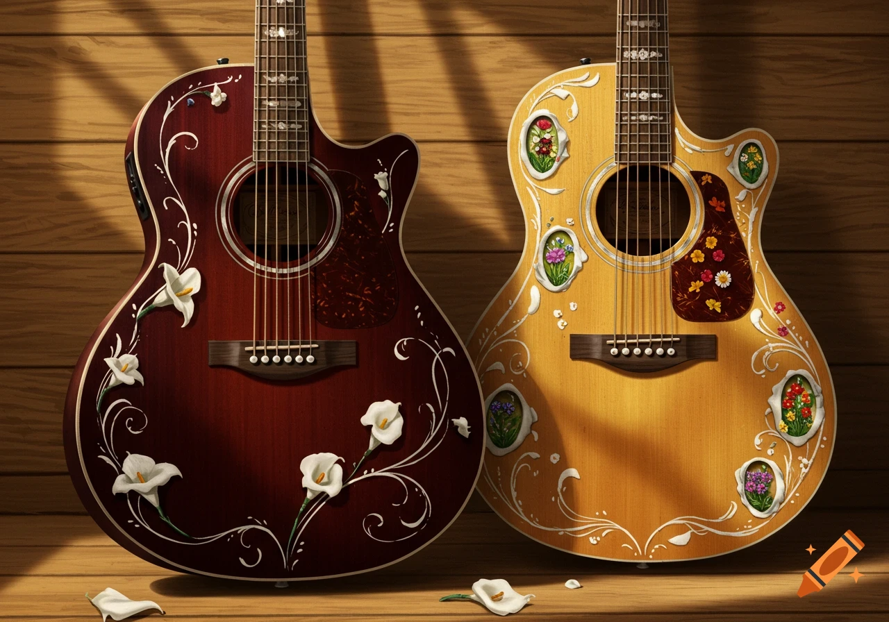 Two intricately decorated acoustic guitars, one dark red with white calla lilies, the other golden with framed colorful flowers, resting against a wooden wall.