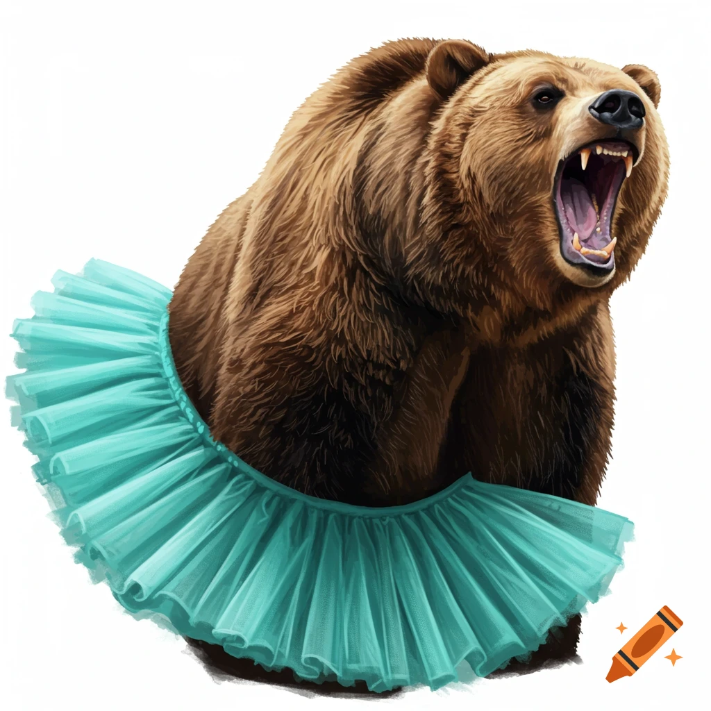 A roaring brown bear wearing a bright turquoise tutu on a white background.