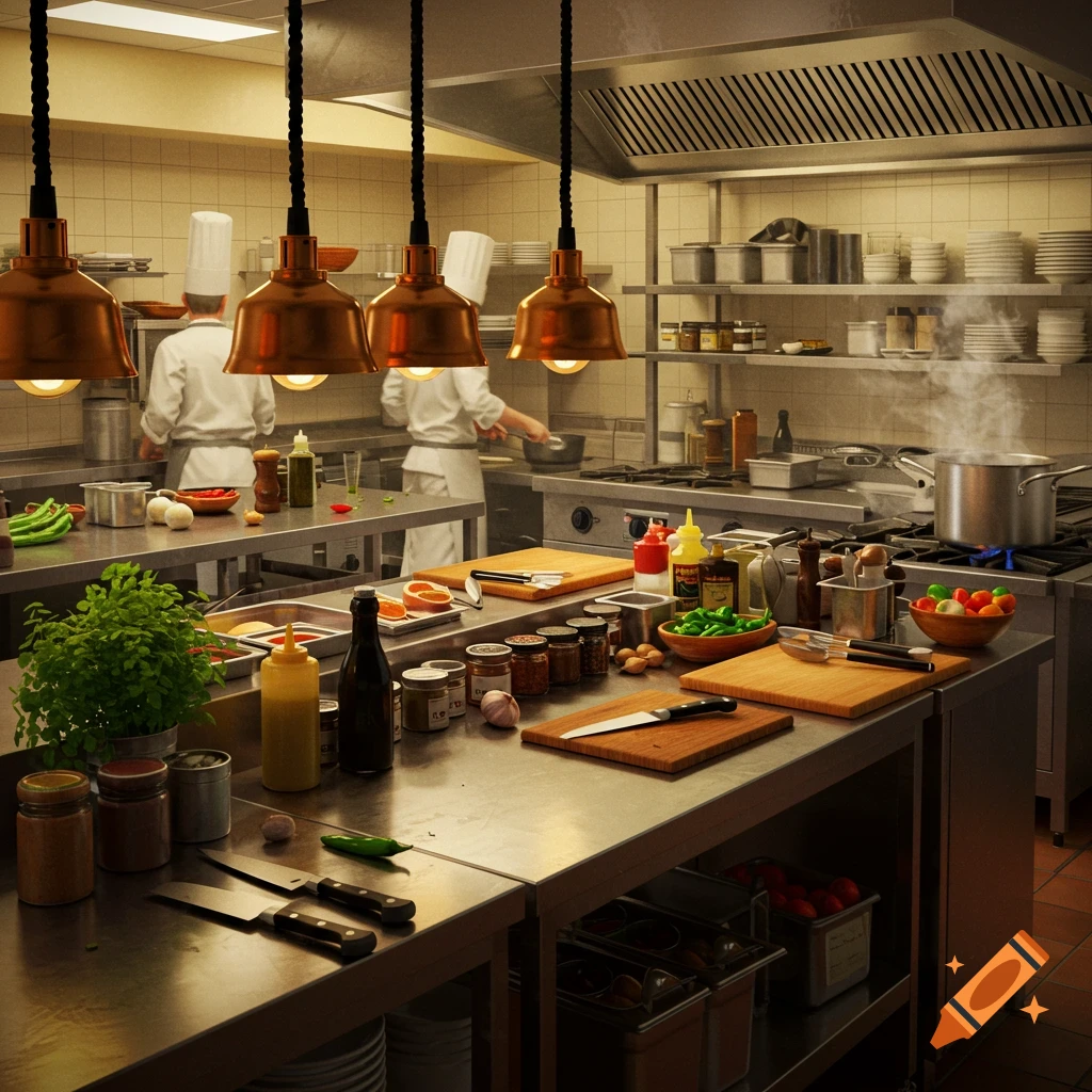 A photorealistic image of a busy commercial kitchen with chefs preparing food at stainless steel counters.