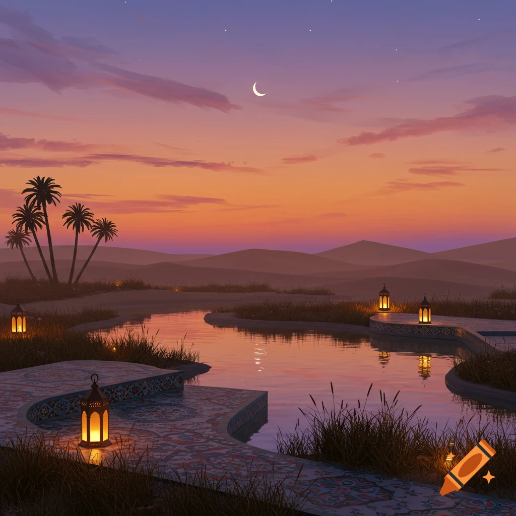 A serene desert oasis at sunset with palm trees, a crescent moon, and illuminated lanterns by a reflective pond.