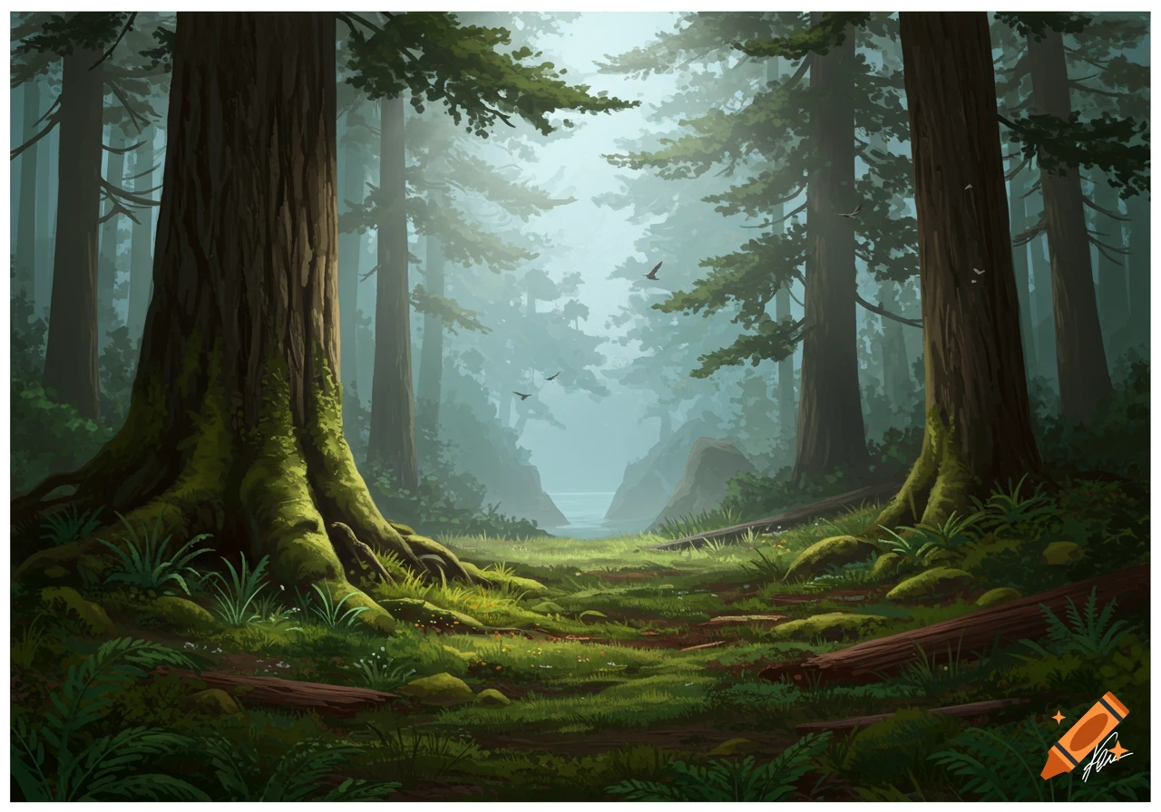 A vibrant, misty forest scene with tall trees, lush green underbrush, and a clearing leading to a bright path.