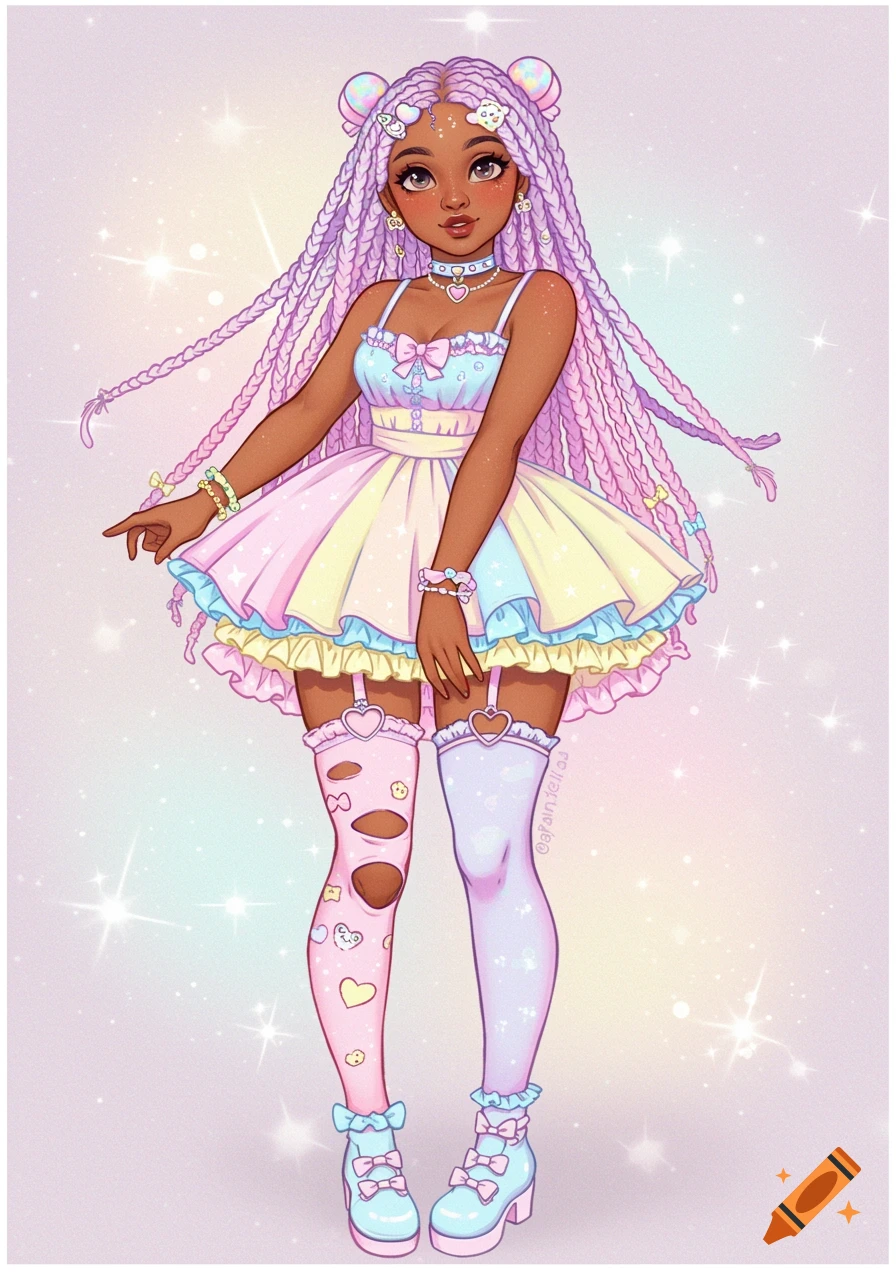 A cartoon girl with dark skin and long lavender box braids wears a pastel ruffled dress, ripped pink and purple stockings, and blue platform shoes.