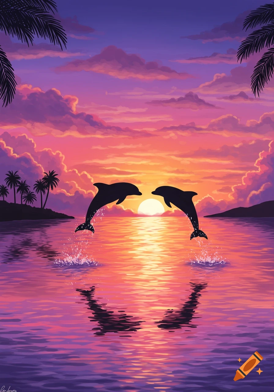 Two silhouetted dolphins jump from a purple and orange ocean at sunset, with palm tree islands under a vibrant sky.