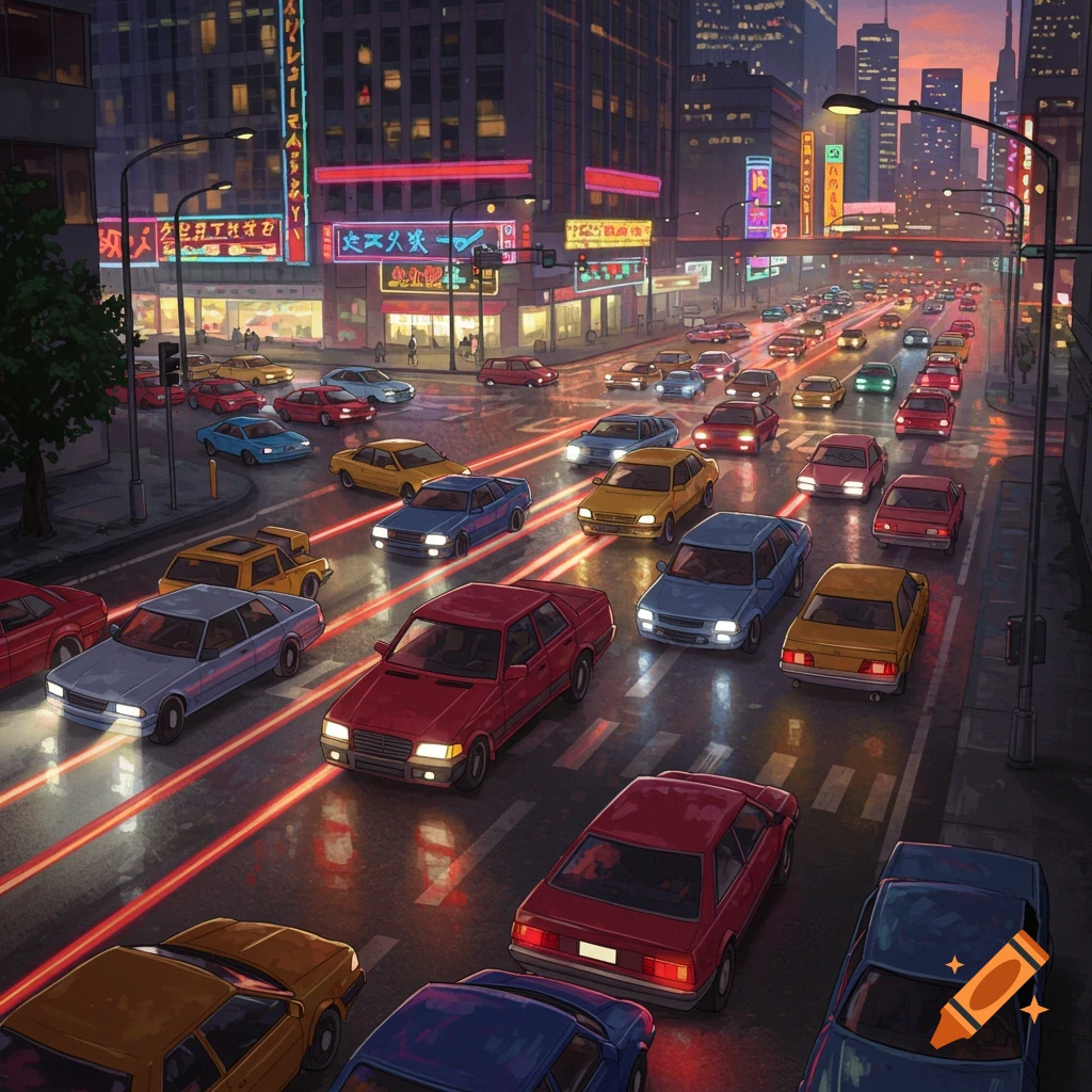 A stylized night cityscape with a street full of cars, glowing red light trails, and neon-lit buildings under a twilight sky.