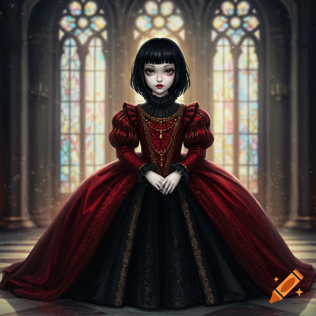 Stylized illustration of a pale-skinned girl with black hair and fringe, wearing an ornate red and black noble's dress, standing in a hall with stained glass windows.