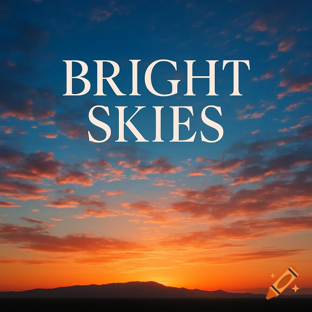 A vibrant sunset or sunrise sky with orange, pink, and blue clouds over dark mountains, with the words "BRIGHT SKIES" in white text.