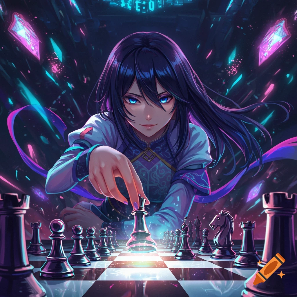 An anime girl with glowing blue eyes moves a pawn on a futuristic chess board, surrounded by neon cybernetic elements.