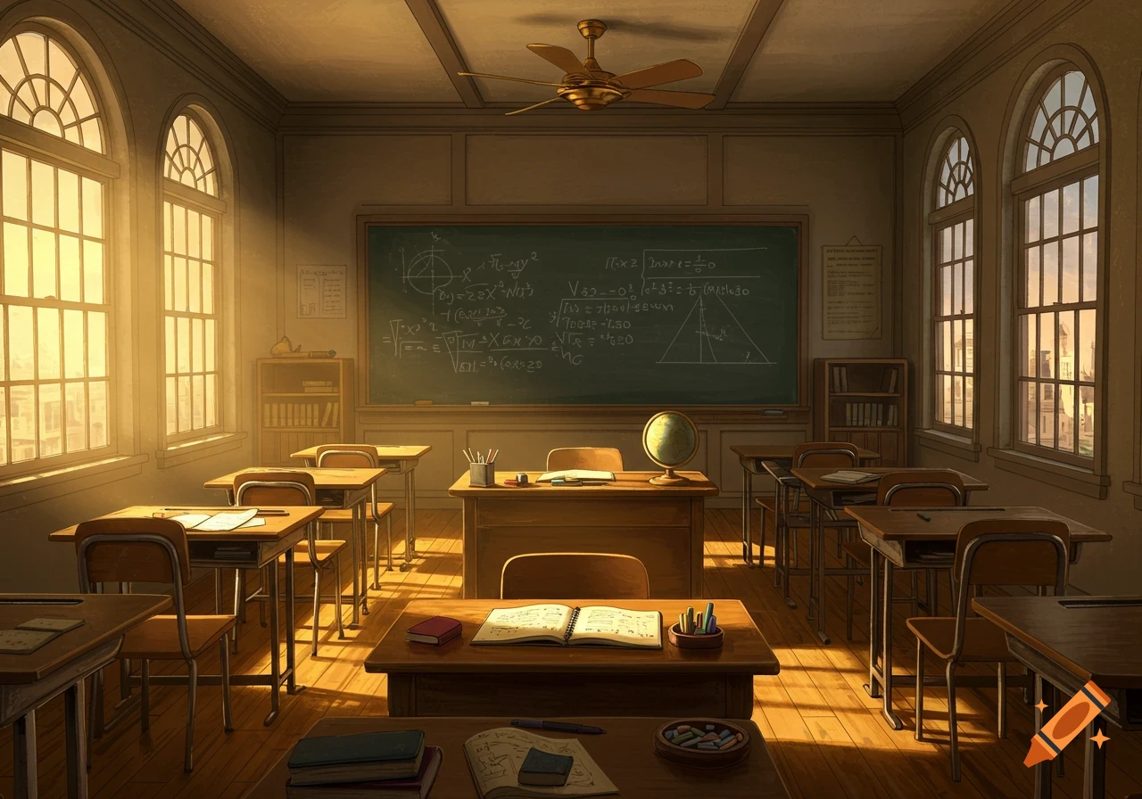 A sunlit, empty classroom with wooden desks, a large chalkboard covered in equations, and tall arched windows overlooking a city.