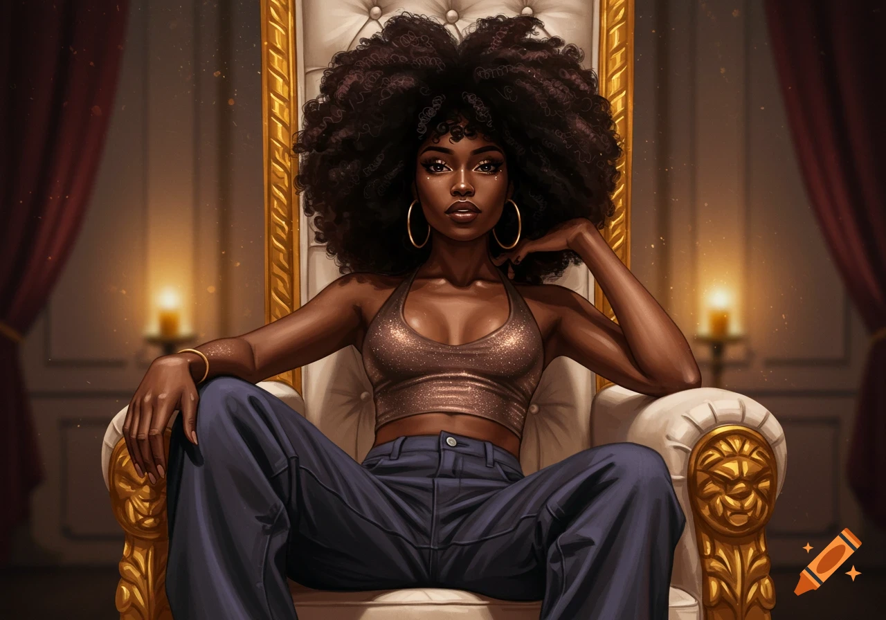 A beautiful Black woman with a large afro, wearing a sparkling crop top and baggy jeans, sits regally on a golden throne in a dimly lit room.